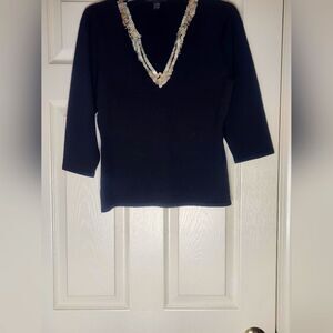 INC LP Black V-Neck Top with Beaded Necklace 3/4Slv SILK Blend Women Top Sweater